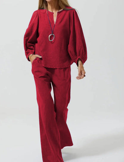 Set Cristina din bumbac și in - Pantaloni eleganți cu croială dreaptă