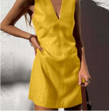 Rochie Cristina din in cu decolteu în V - Stil clasic fără mâneci