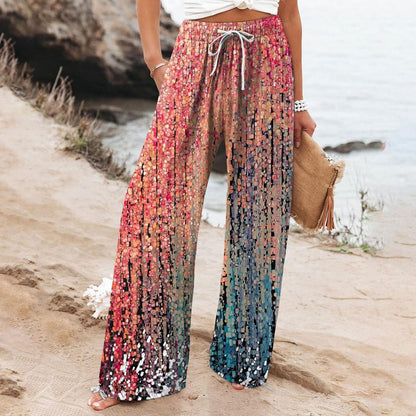 Pantaloni largi pentru femei cu imprimeu boho botanic Cristina Gore