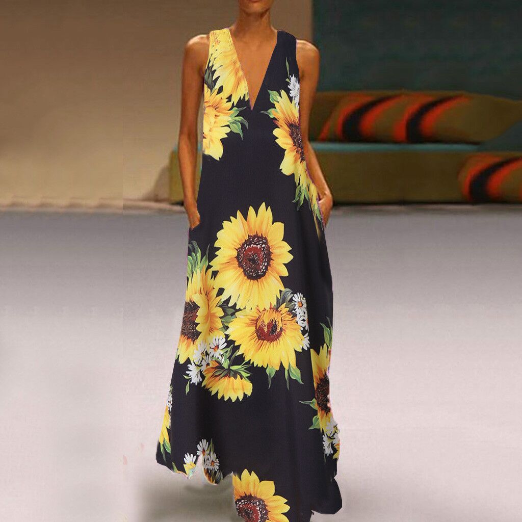 Rochie maxi fără mâneci cu imprimeu floral boho Cristina Gore