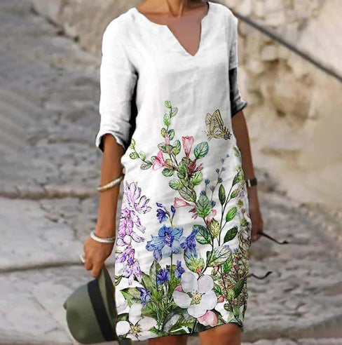 Rochie Cristina din in cu decolteu în V - Imprimeu floral și frunze