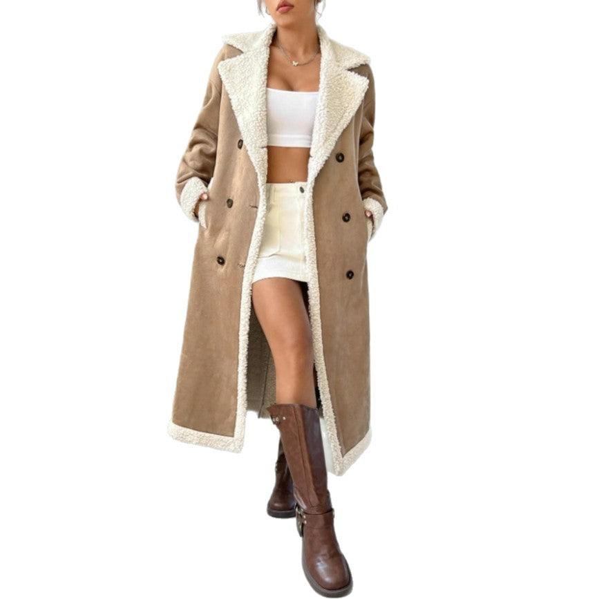 Palton lung din catifea și blană Cristina - Inspirație kaki