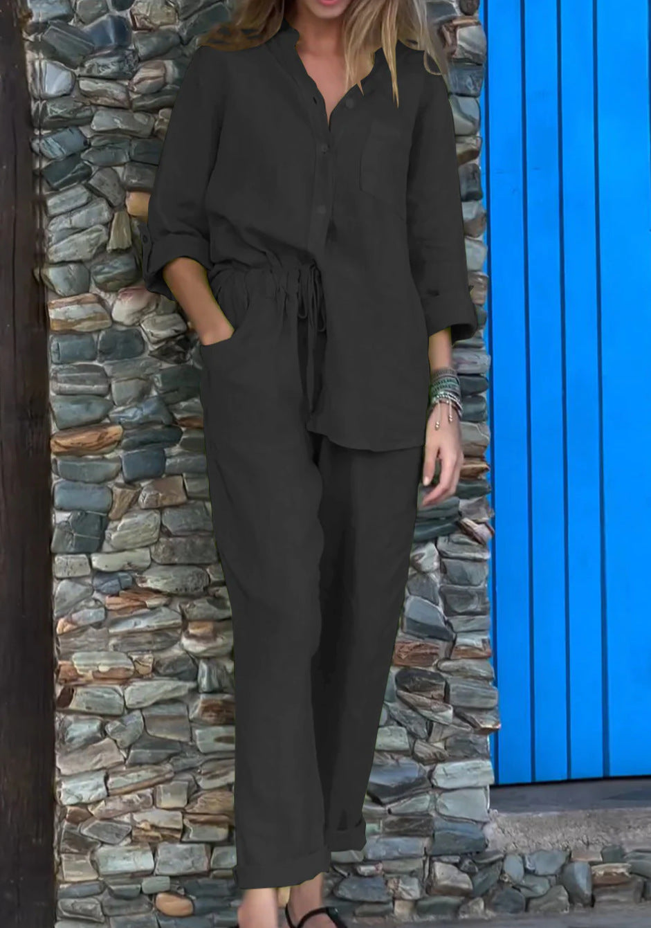 Set elegant de pantaloni din bumbac și in Cristina Gore cu talie înaltă