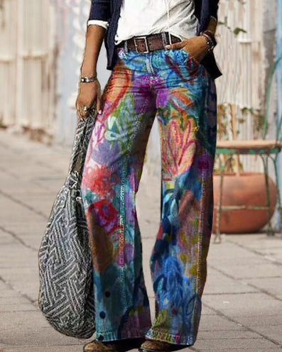 Pantaloni largi cu imprimeu floral artistic de Cristina Gore