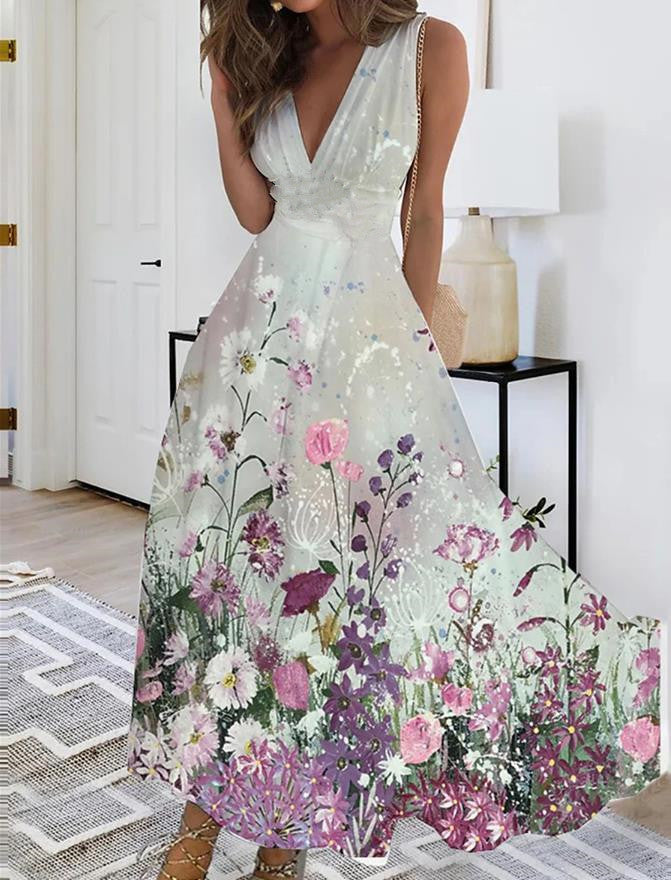 Rochie Cristina fără mâneci - Imprimeu floral artistic