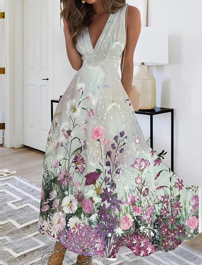 Rochie Cristina fără mâneci - Imprimeu floral artistic