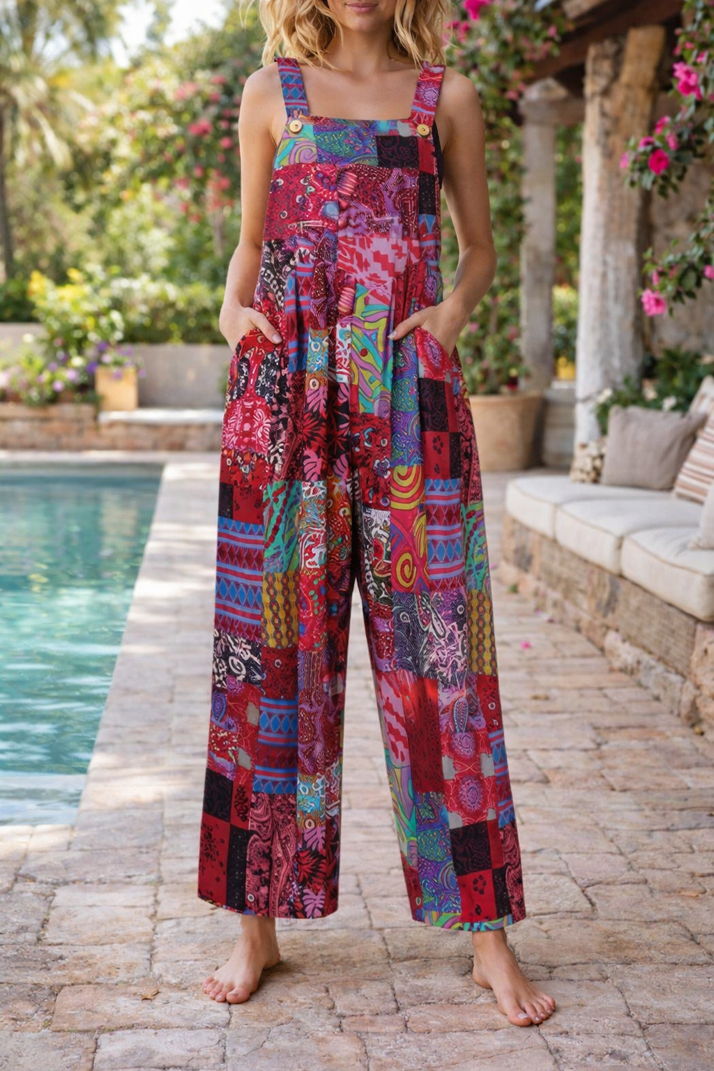 Salopetă cu bretele și imprimeu floral patchwork Cristina Gore