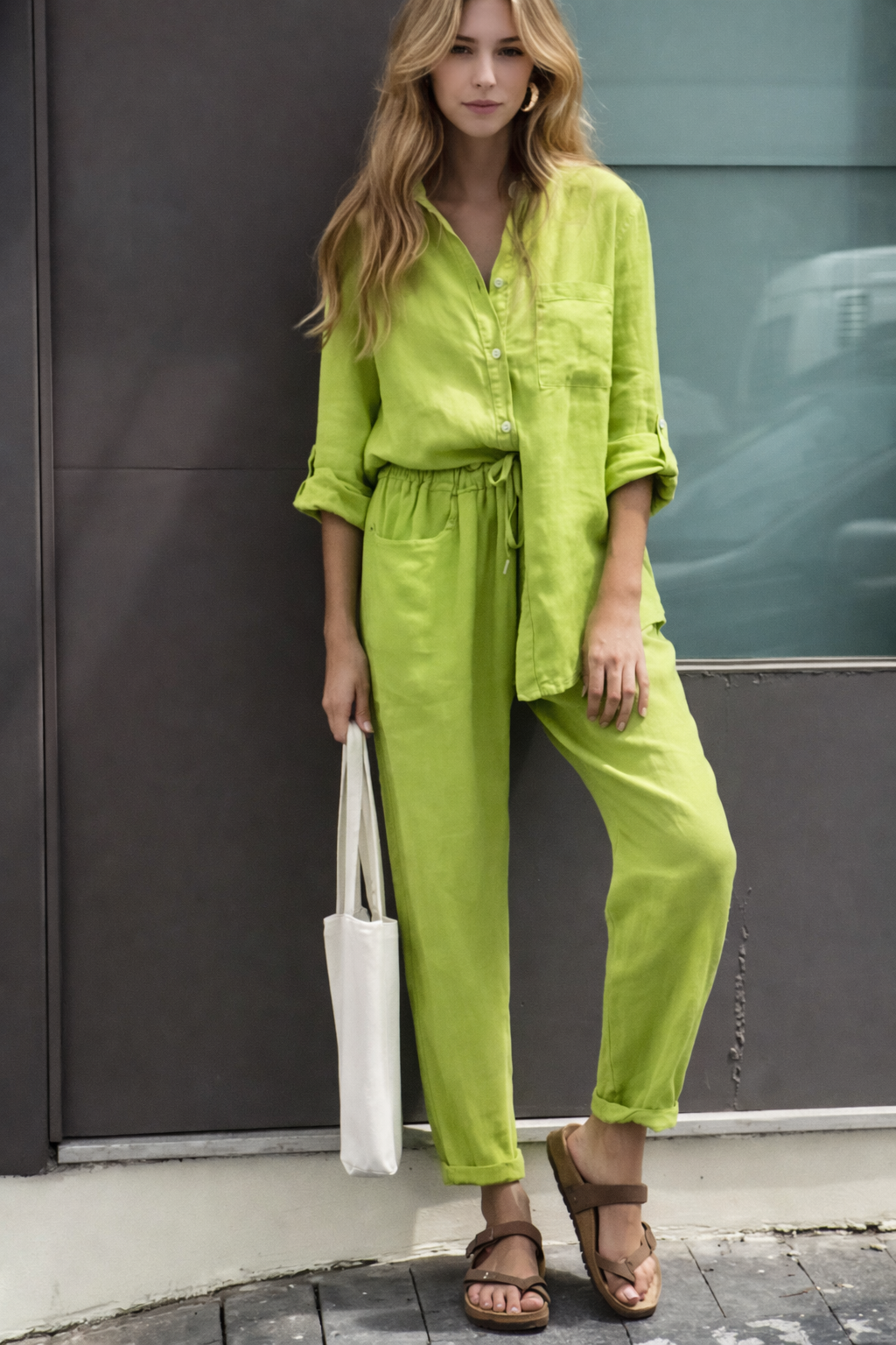 Set elegant de pantaloni din bumbac și in Cristina Gore cu talie înaltă