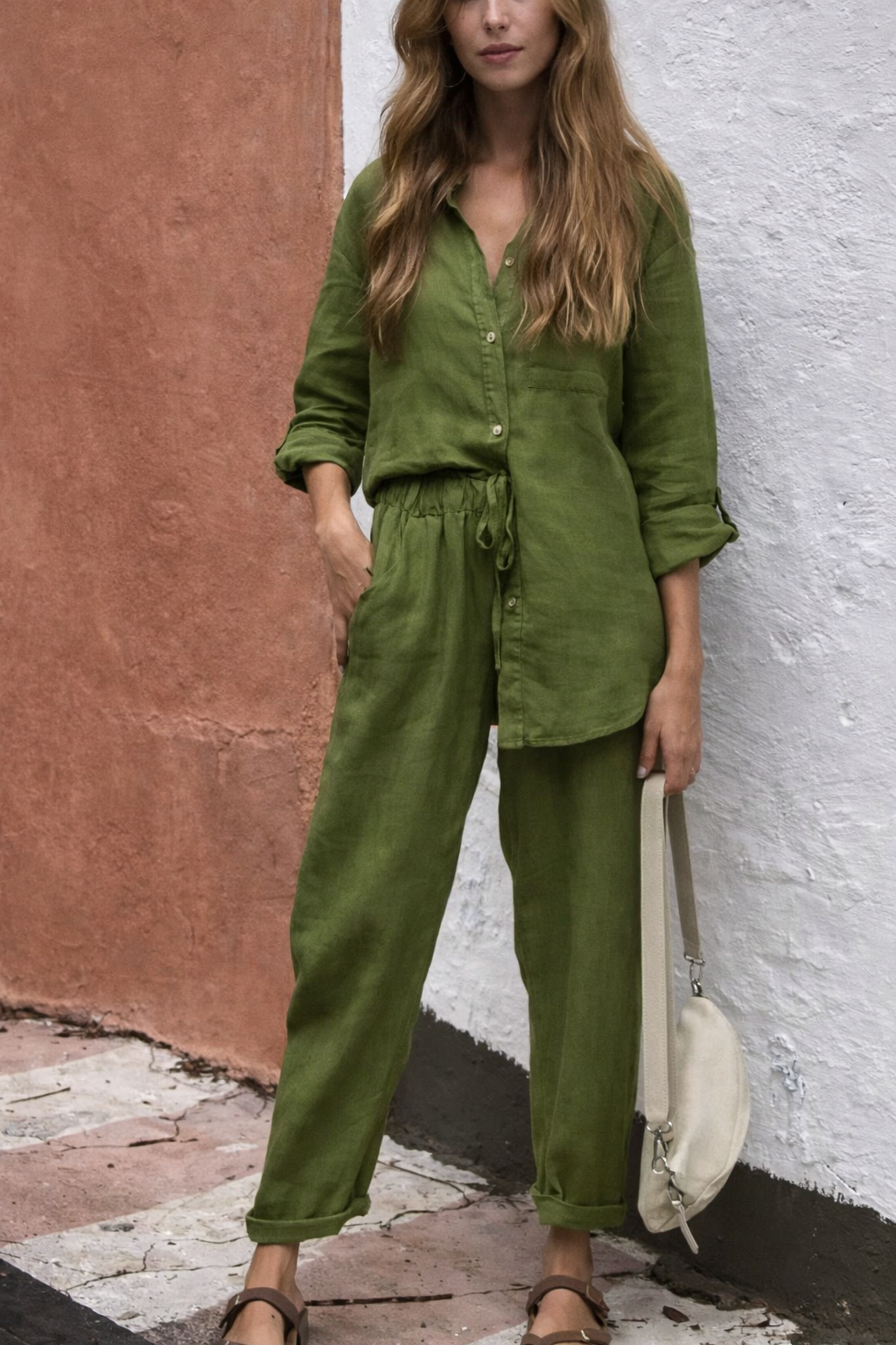 Set elegant de pantaloni din bumbac și in Cristina Gore cu talie înaltă