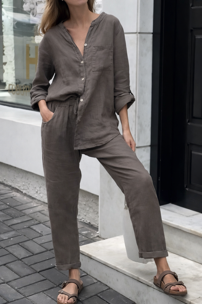 Set elegant de pantaloni din bumbac și in Cristina Gore cu talie înaltă