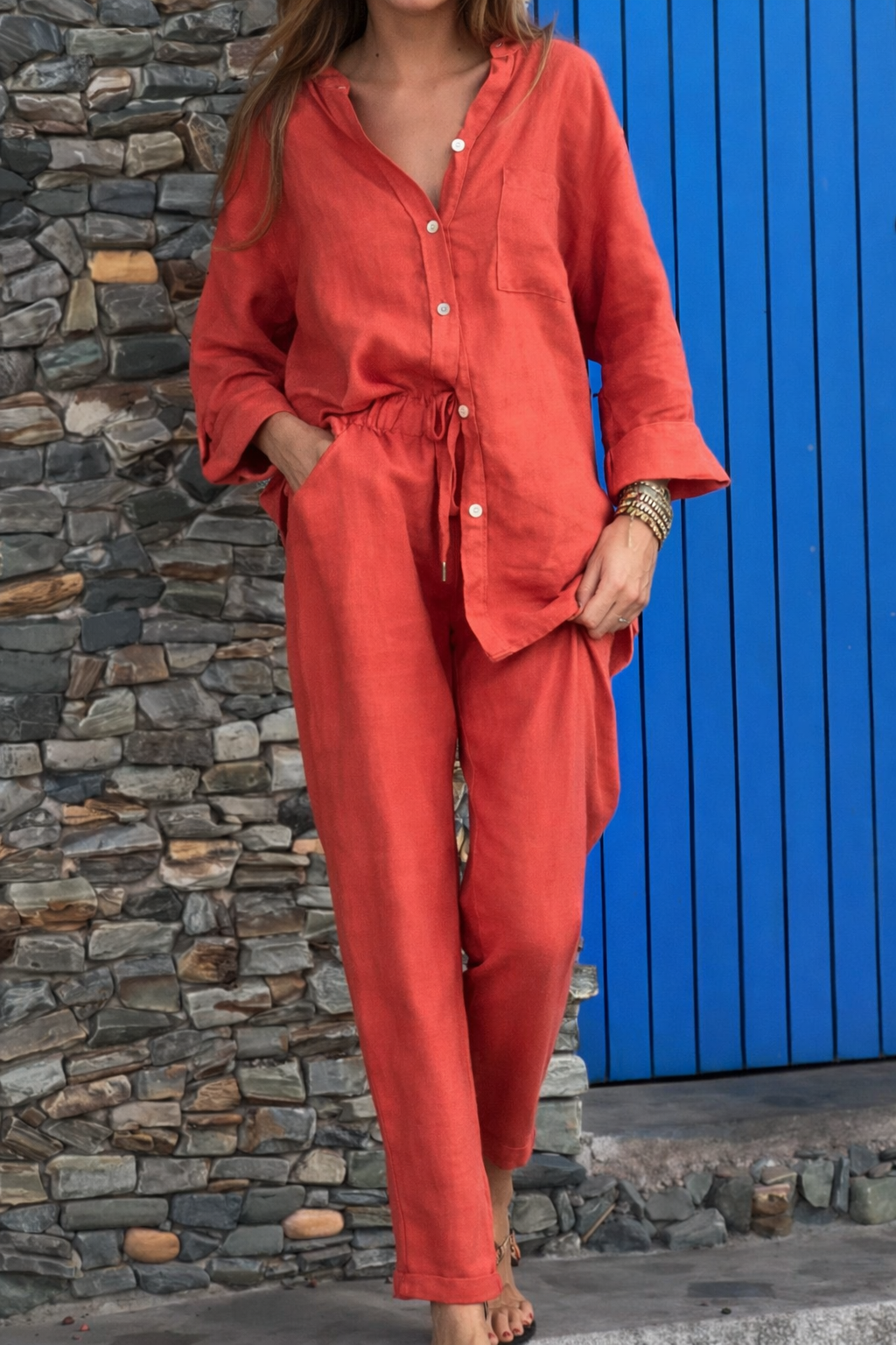 Set elegant de pantaloni din bumbac și in Cristina Gore cu talie înaltă