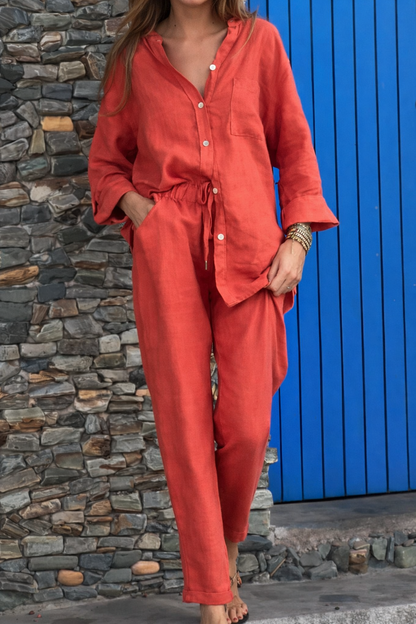 Set elegant de pantaloni din bumbac și in Cristina Gore cu talie înaltă
