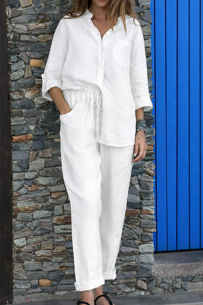 Set elegant de pantaloni din bumbac și in Cristina Gore cu talie înaltă
