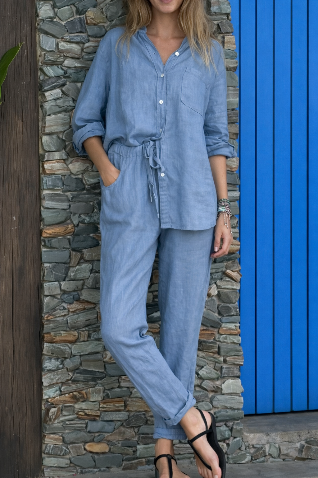 Set elegant de pantaloni din bumbac și in Cristina Gore cu talie înaltă