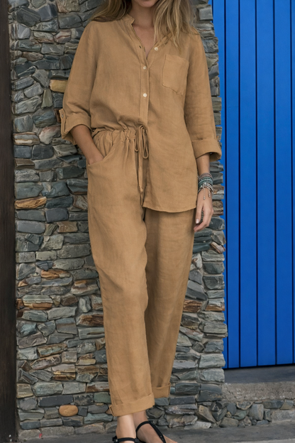 Set elegant de pantaloni din bumbac și in Cristina Gore cu talie înaltă