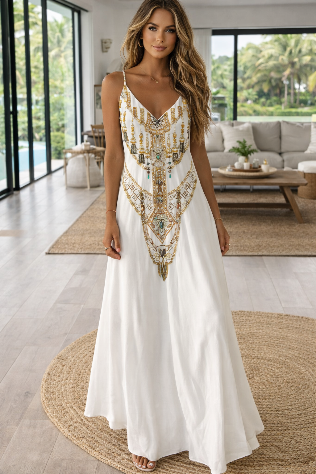 Rochie maxi elegantă cu imprimeu hartă Cristina Gore și talie înaltă