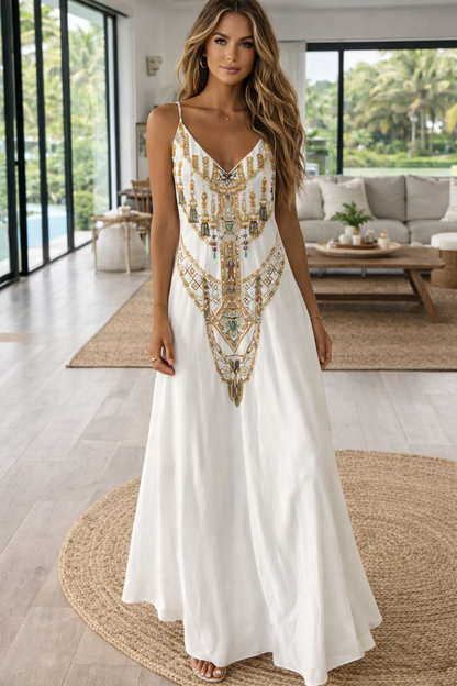 Rochie maxi elegantă cu imprimeu hartă Cristina Gore și talie înaltă