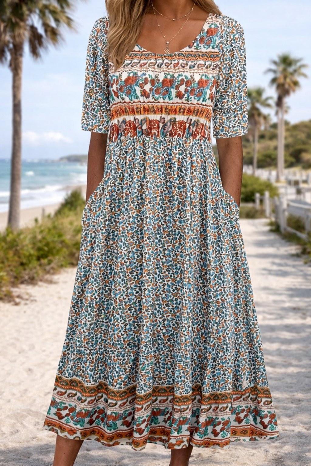 Rochie midi de vară cu imprimeu floral boho Cristina Gore