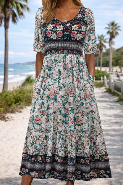 Rochie midi de vară cu imprimeu floral boho Cristina Gore