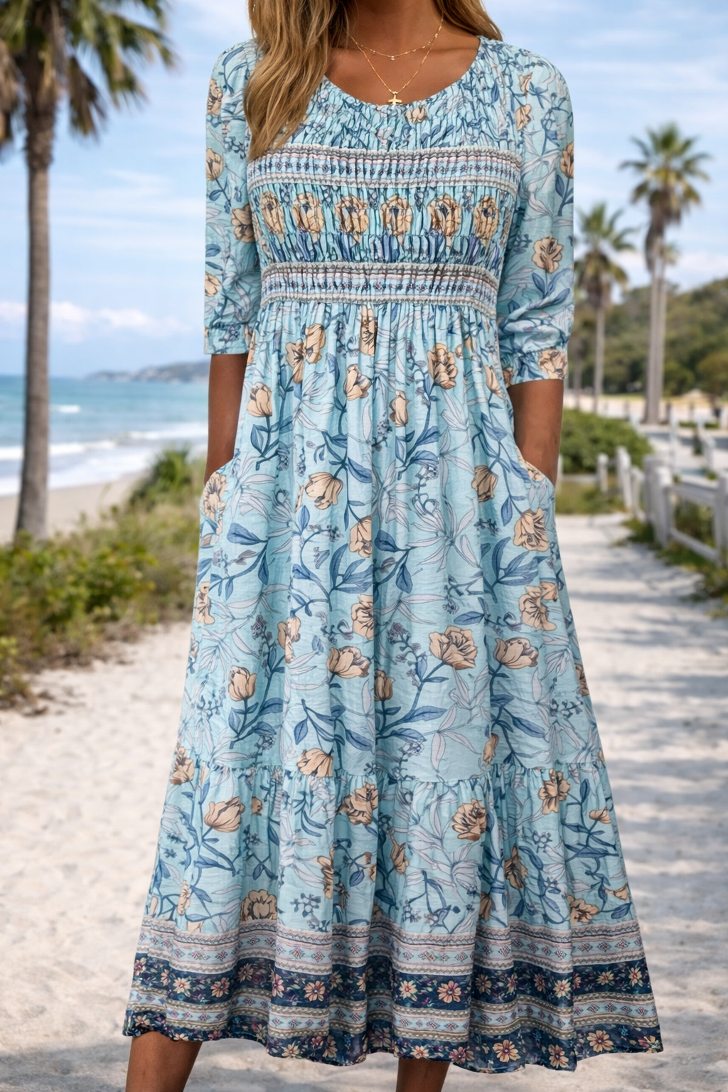 Rochie midi de vară cu imprimeu floral boho Cristina Gore