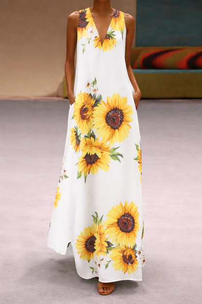 Rochie maxi fără mâneci cu imprimeu floral boho Cristina Gore