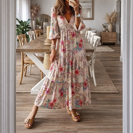 Rochie maxi cu decolteu în V și imprimeu floral boho Cristina Gore