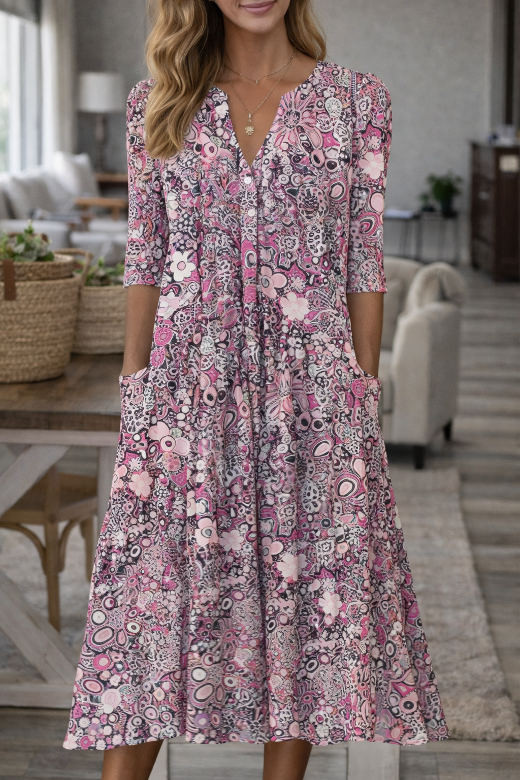 Rochie boho cu imprimeu floral și decolteu în V Cristina Gore