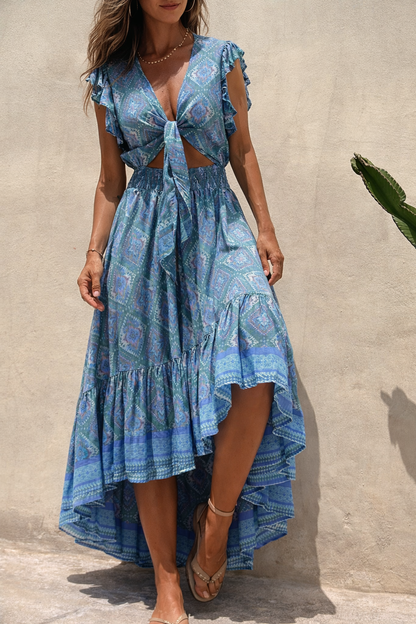 Rochie maxi cu imprimeu boho și mâneci volante Cristina Gore