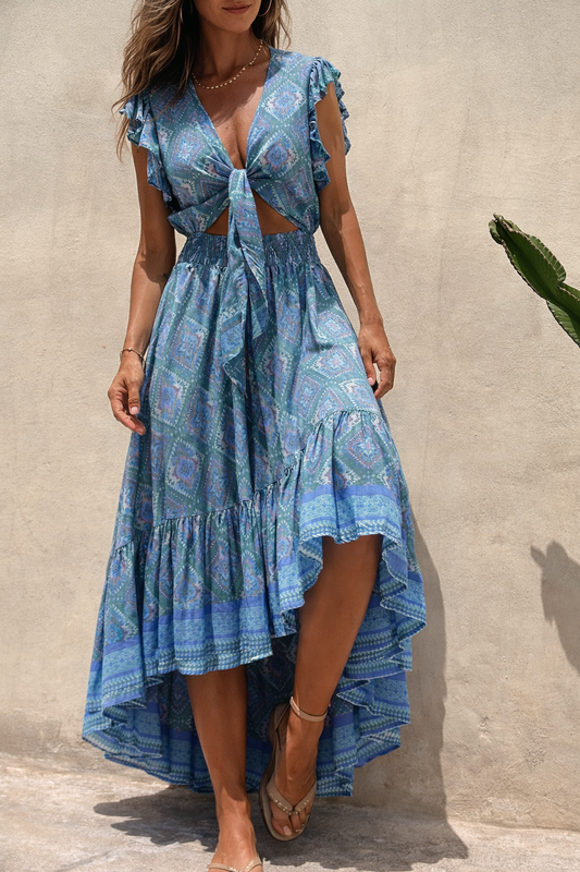 Rochie maxi cu imprimeu boho și mâneci volante Cristina Gore