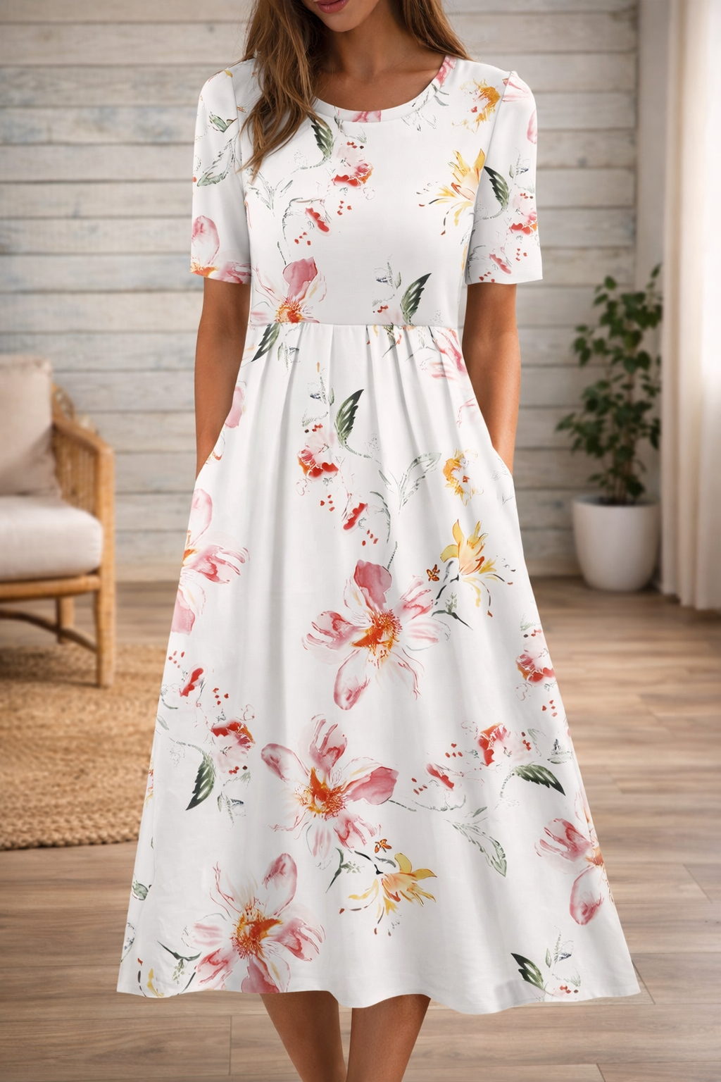Rochie cu imprimeu floral și decolteu rotund de Cristina Gore