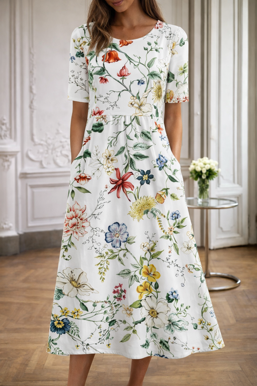 Rochie cu imprimeu floral și decolteu rotund de Cristina Gore