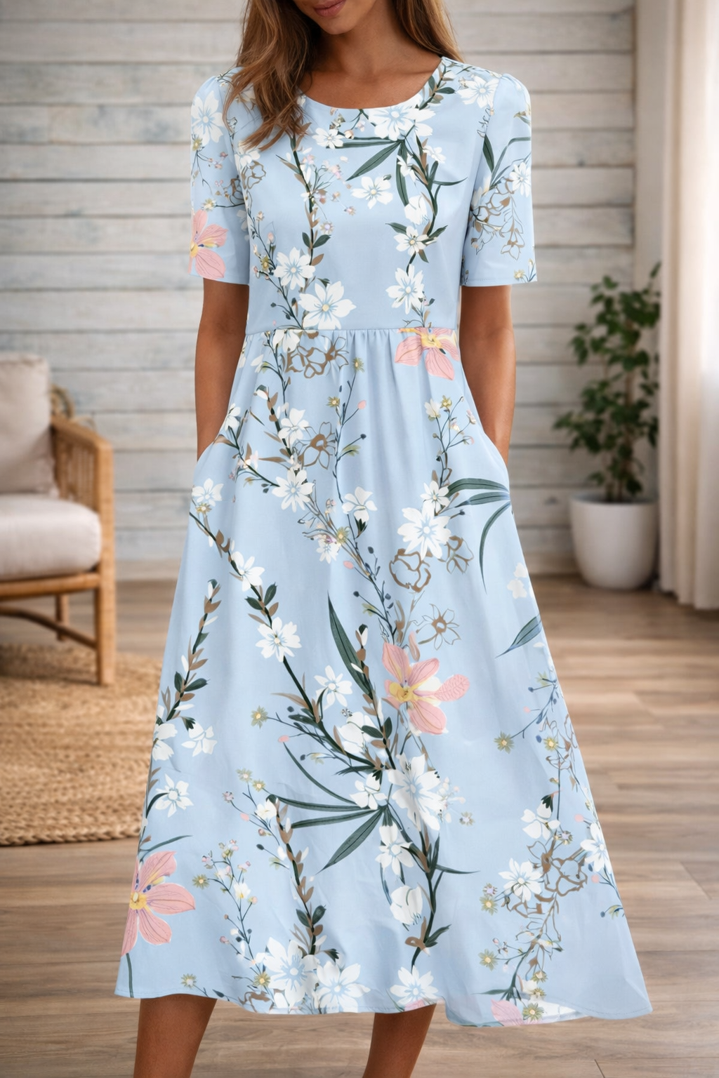 Rochie cu imprimeu floral și decolteu rotund de Cristina Gore