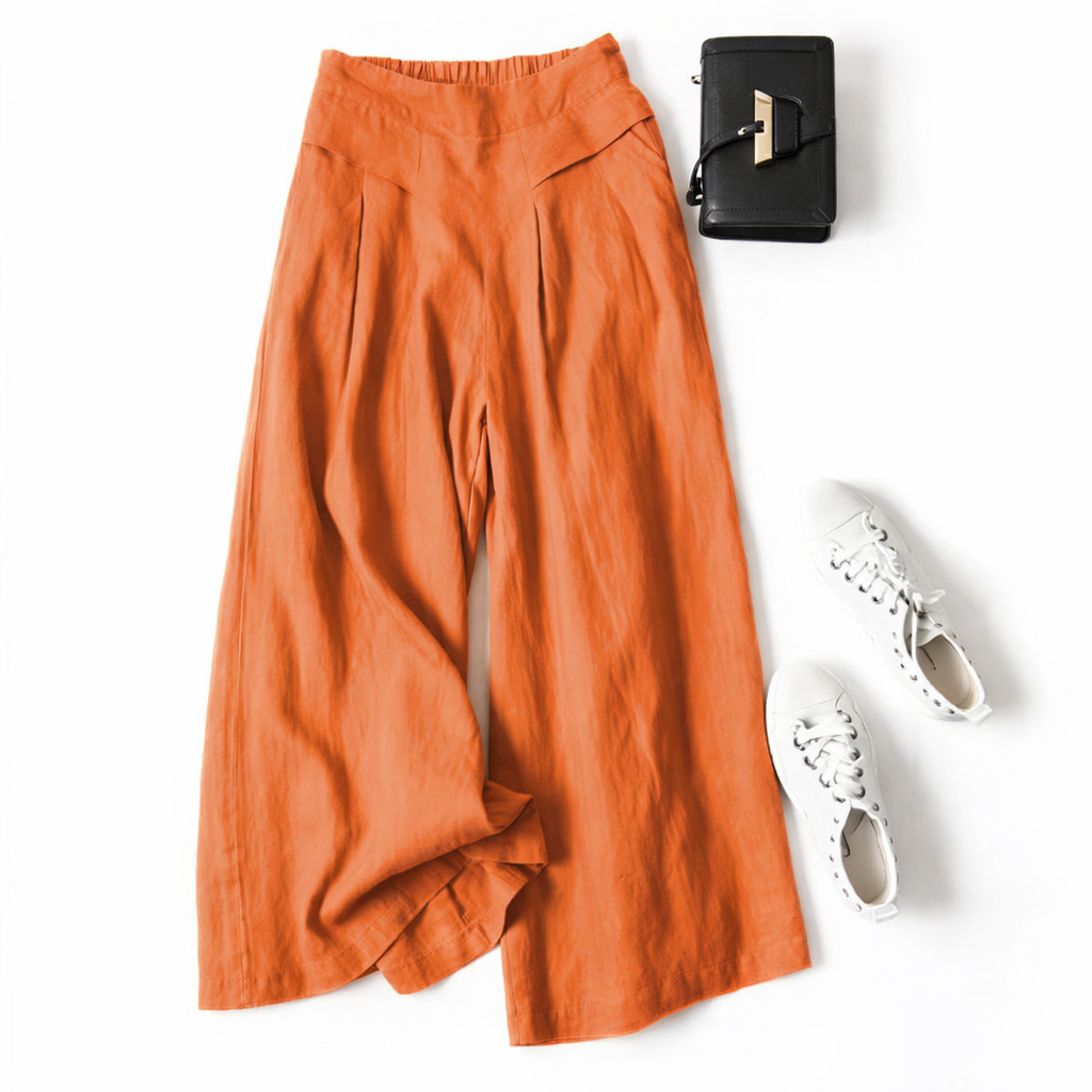 Pantaloni Cristina cu talie înaltă și croială largă - Bumbac și in