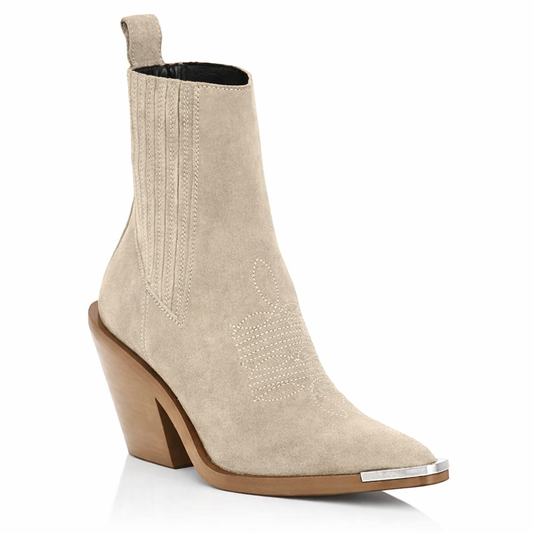 Cizme cu toc plat din piele întoarsă Cristina - Vârf ascuțit