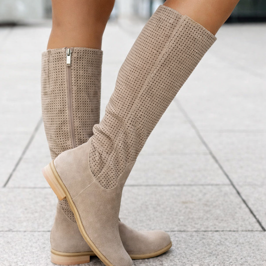 Cizme până la genunchi din piele întoarsă Cristina - Toc jos și aerisit