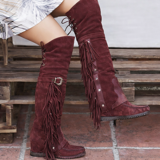 Cizme Cristina din piele întoarsă cu franjuri - Stil până la coapsă