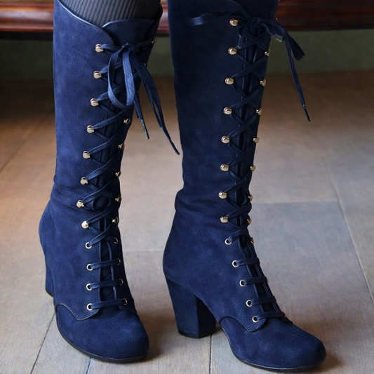 Cizme de călărie Cristina din piele întoarsă cu șireturi - Confort la mijlocul tocului