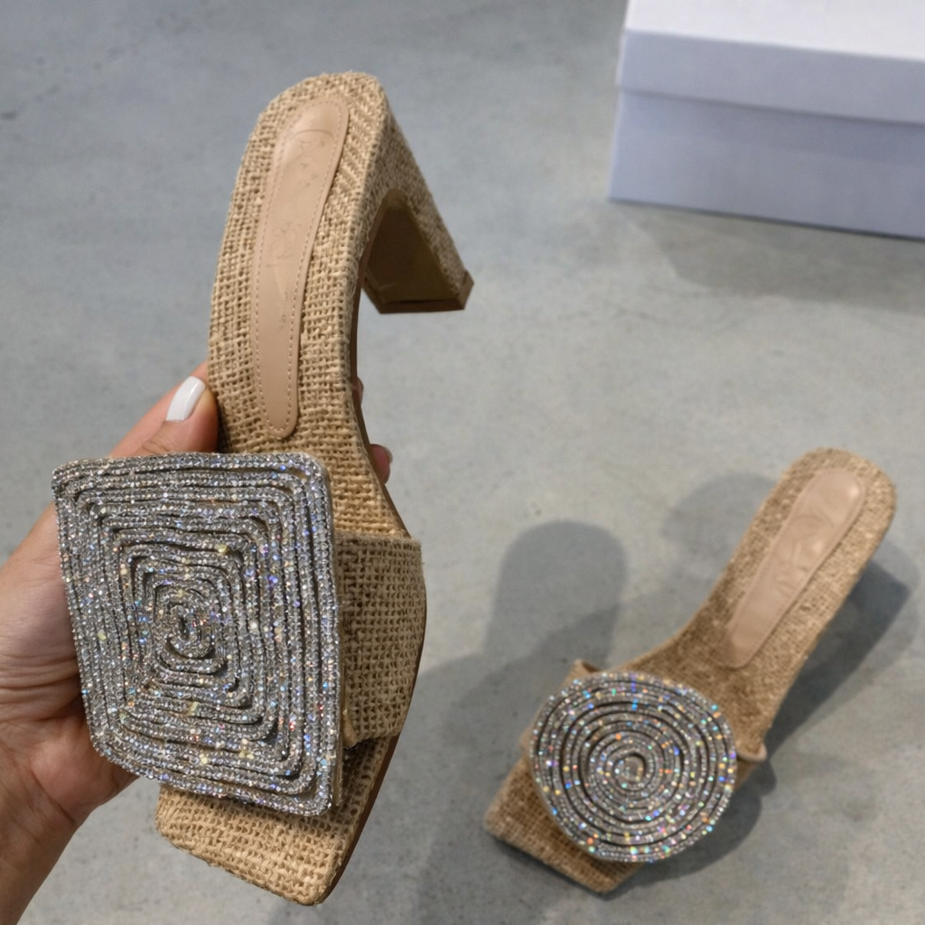 Sandale Cristina din in cu strasuri - Inspirație pentru toc gros