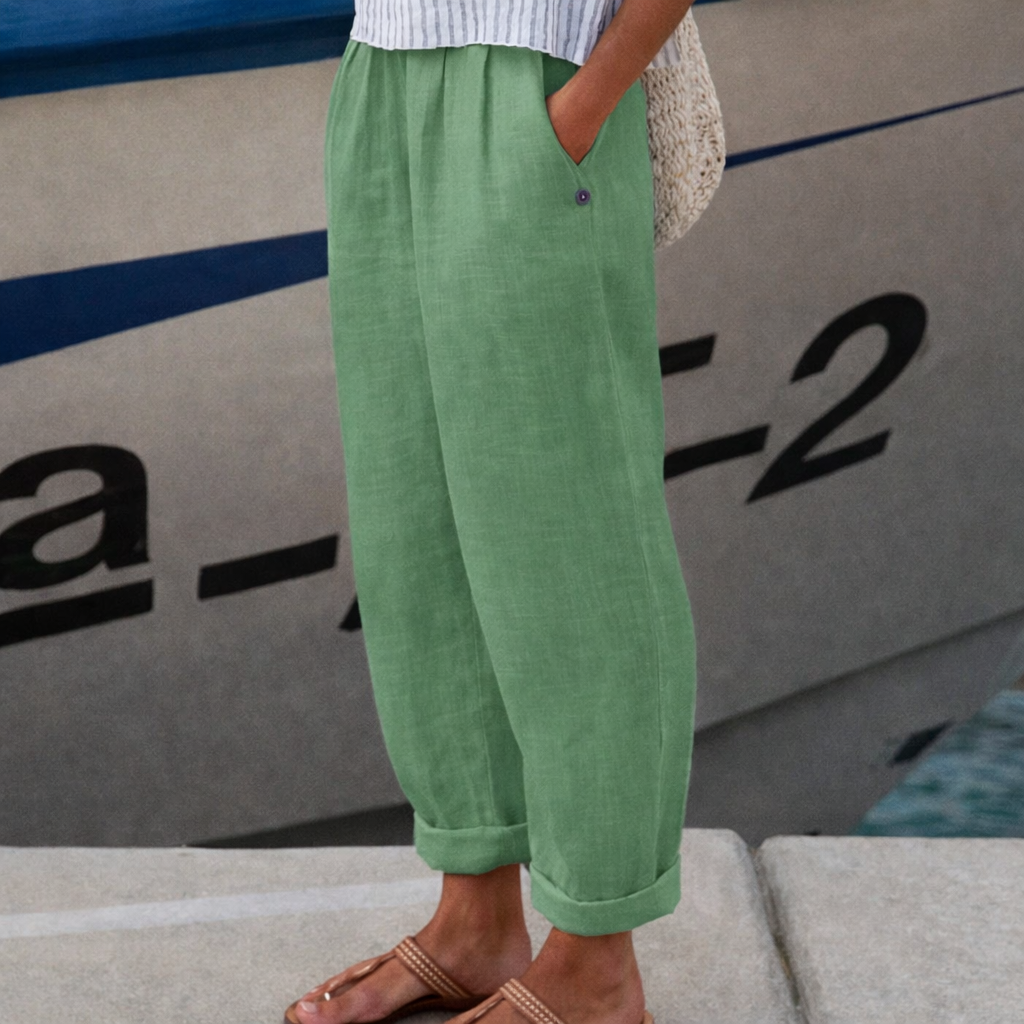 Pantaloni Cristina cu croială dreaptă din bumbac și in - Model cu buzunar