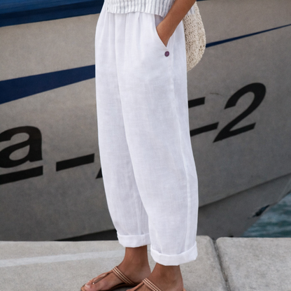 Pantaloni Cristina cu croială dreaptă din bumbac și in - Model cu buzunar