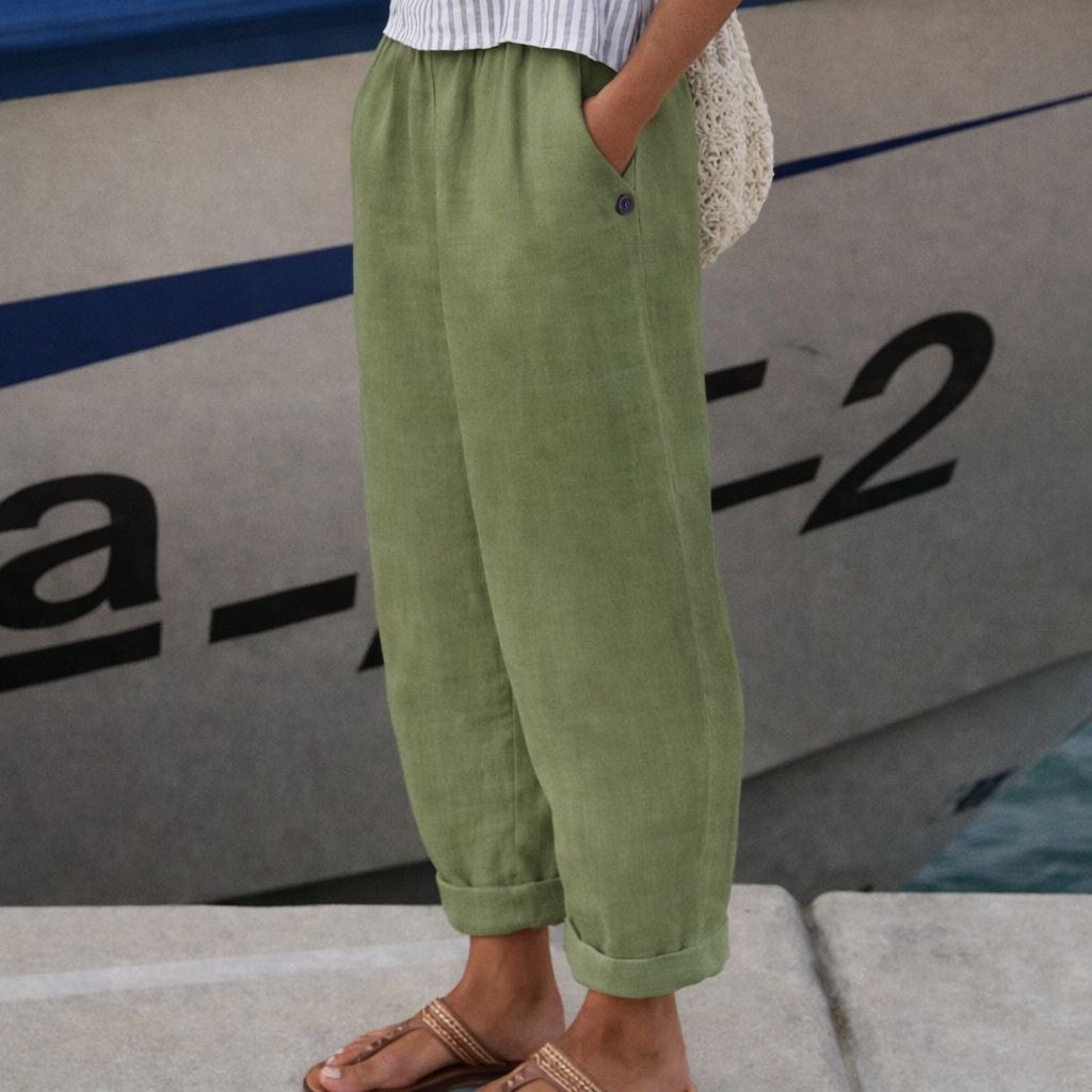 Pantaloni Cristina cu croială dreaptă din bumbac și in - Model cu buzunar