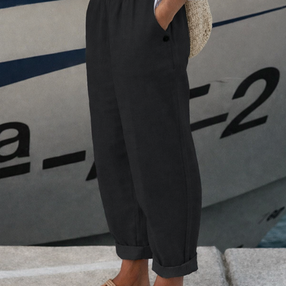 Pantaloni Cristina cu croială dreaptă din bumbac și in - Model cu buzunar