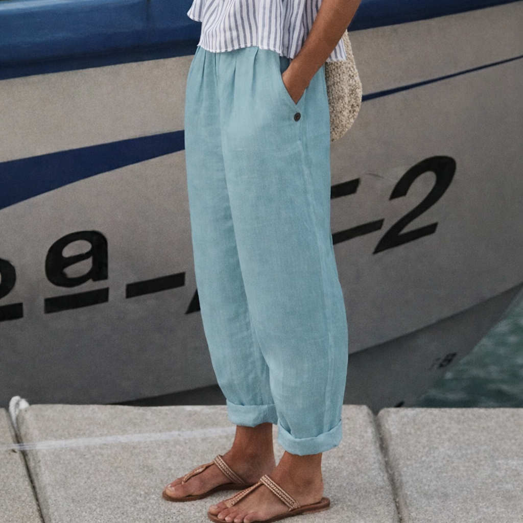 Pantaloni Cristina cu croială dreaptă din bumbac și in - Model cu buzunar