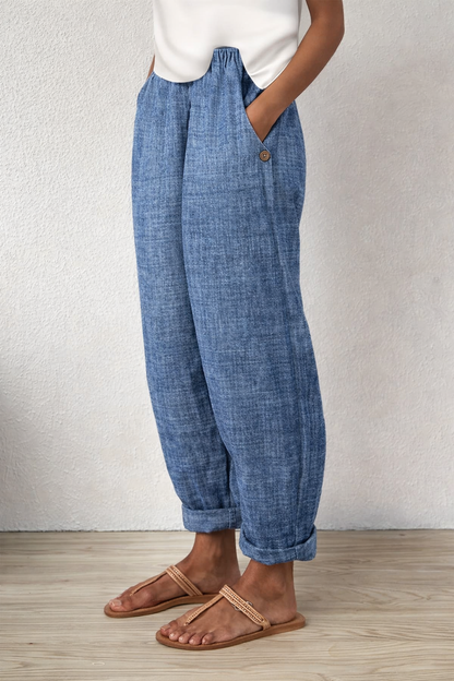 Pantaloni Cristina cu croială dreaptă din bumbac și in - Model cu buzunar