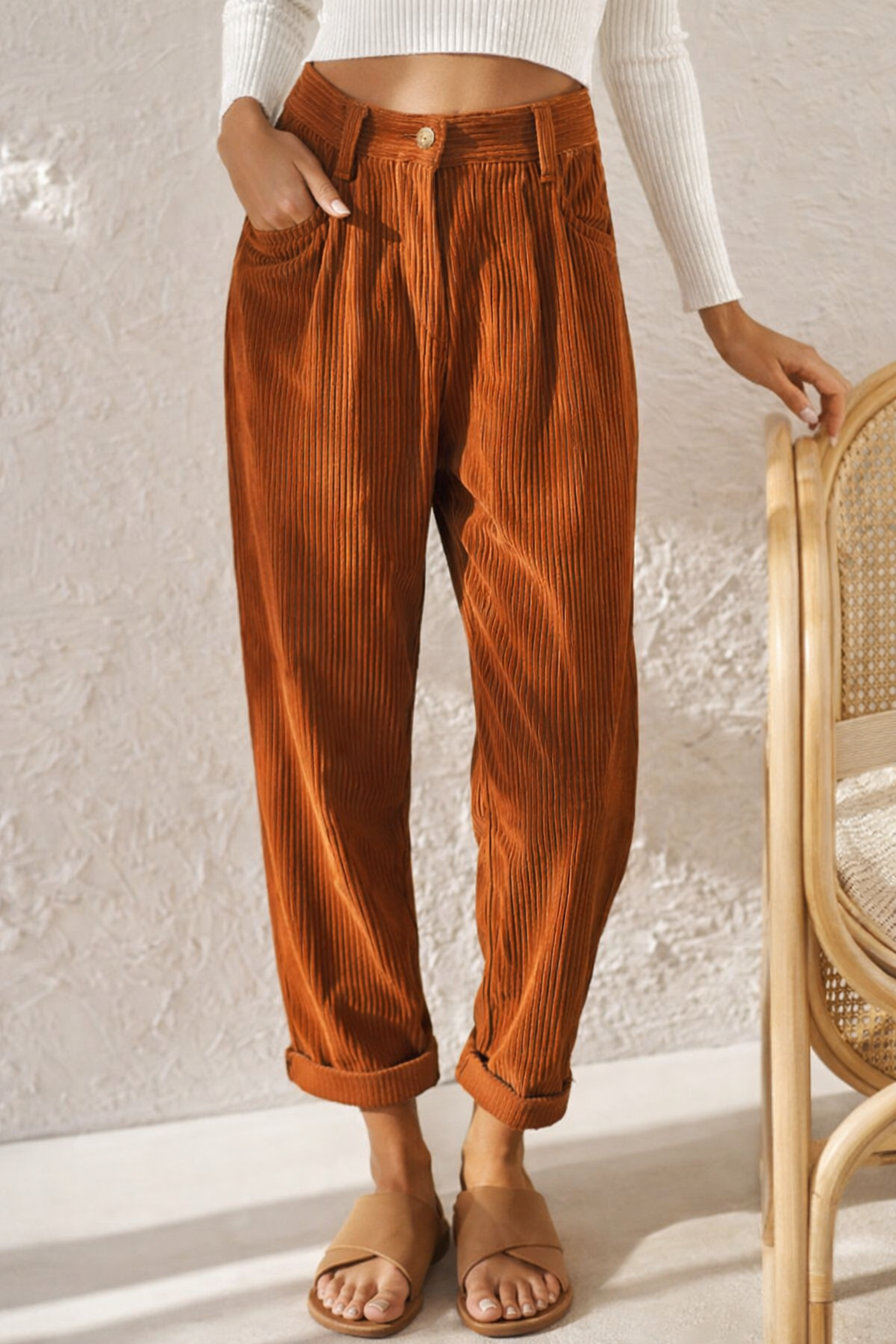 Pantaloni Cristina din catifea reiată cu croială dreaptă - Comfort talie înaltă