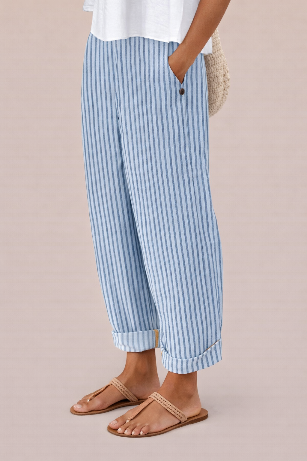 Pantaloni cu dungi Cristina – Bumbac și in respirabil pentru confort optim