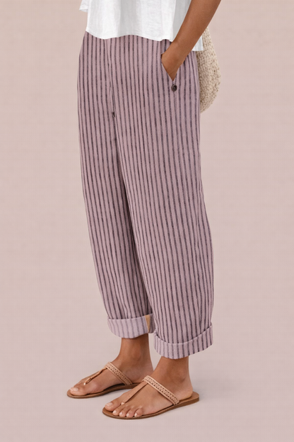 Pantaloni cu dungi Cristina – Bumbac și in respirabil pentru confort optim