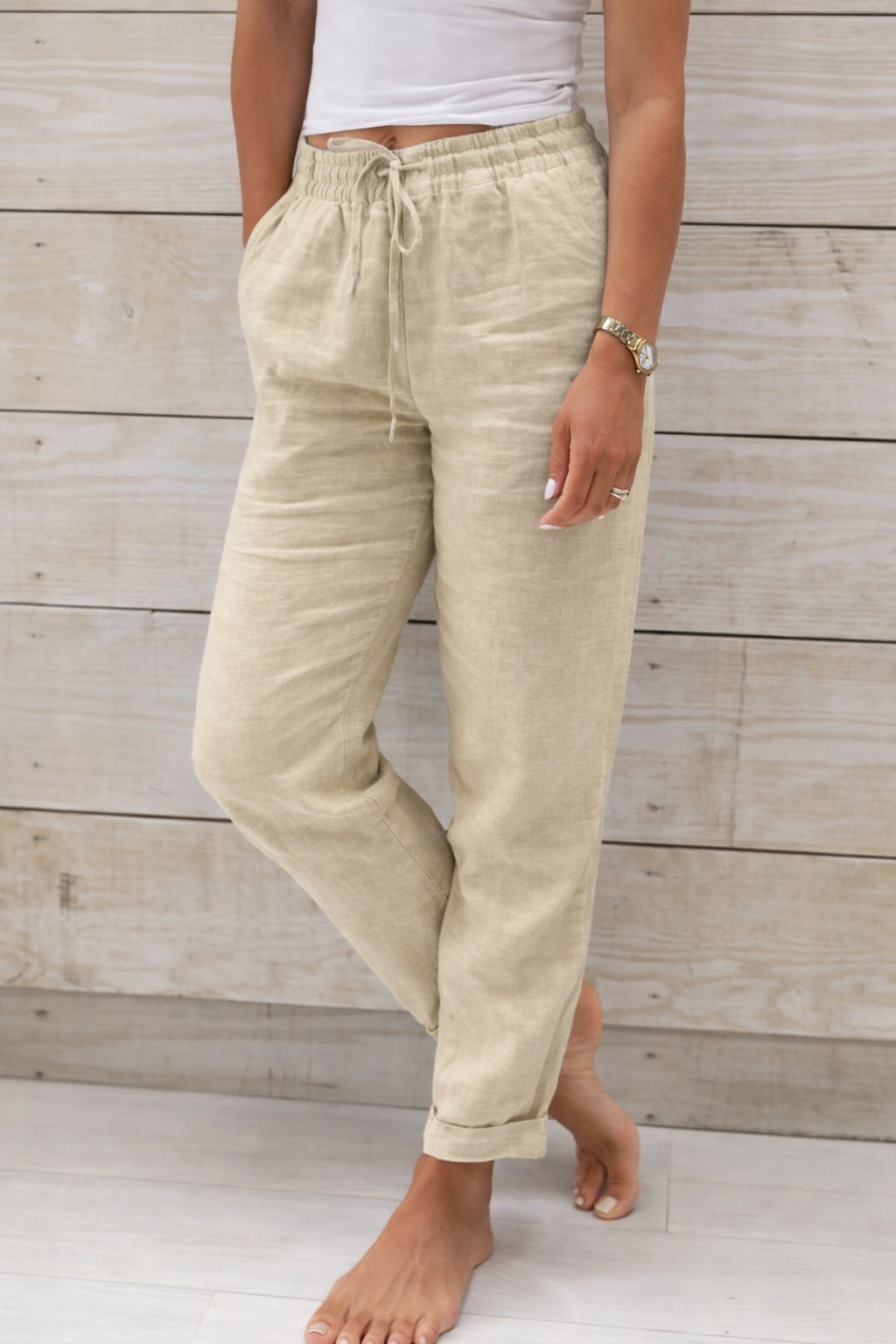Pantaloni Cristina din bumbac și cânepă - Talie elastică confortabilă
