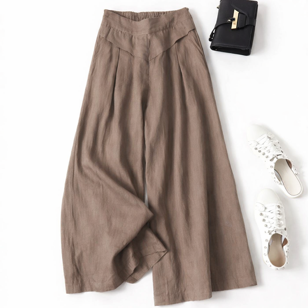 Pantaloni Cristina cu talie înaltă și croială largă - Bumbac și in