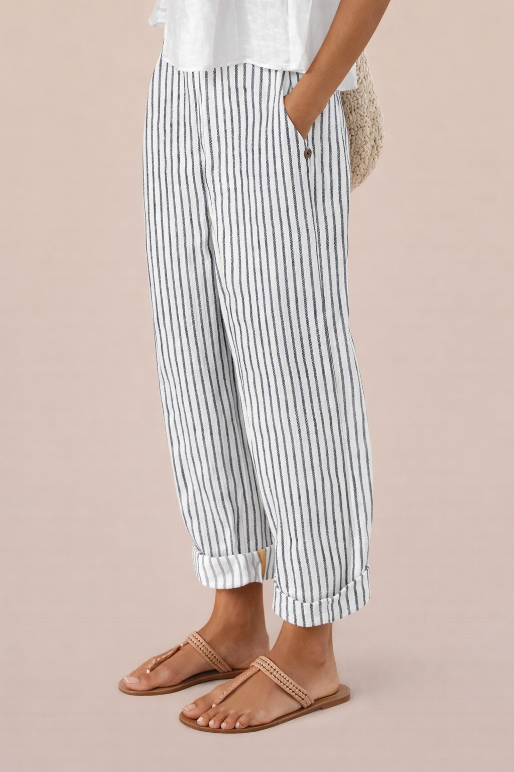 Pantaloni cu dungi Cristina – Bumbac și in respirabil pentru confort optim